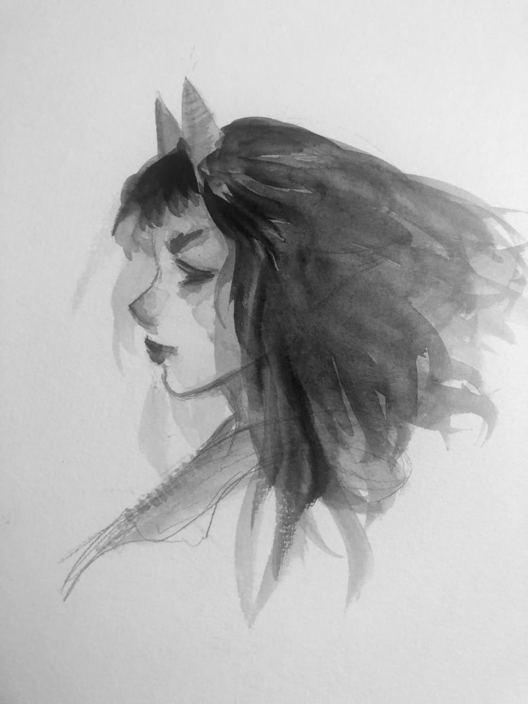 Watercolor profile portrait of a woman with horns and wind blown hair. Made in black watercolor only. 