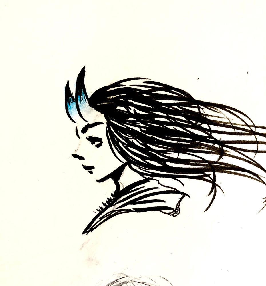 Ink sketch portrait profile of a woman with dark wind blown hair, she has blue horns on her forehead 