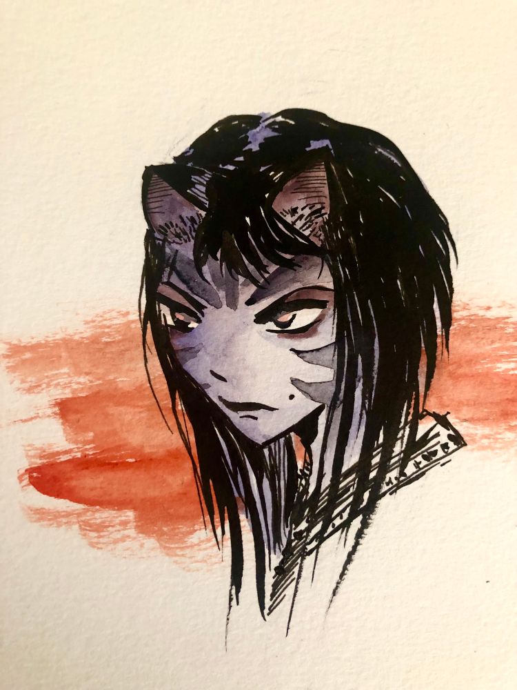 Portrait of a cat girl with dark purple skin, dark hair, cat ears, and dark triangles on forehead and cheeks, mole on left side of mouth, eyes yellow, background is orange brush strokes 