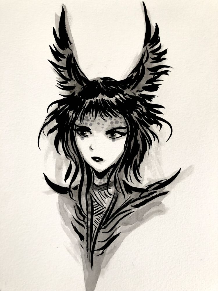 ink and ink wash portrait of a woman with dark hair and wings on her head looking to her right. Her hair is shoulder length, she is wearing clothes with a spikes at or near the shoulders. She has spots on her forehead, under each eye, and on her neck 