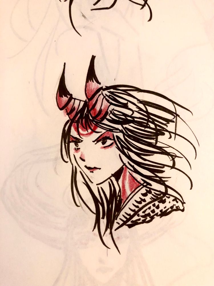 Ink sketch portrait of a woman with red serrated horns, red face paint on her forehead and neck, red eye shadow, dark flowing hair 