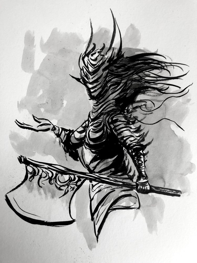 A very non human knight with her right arm angled, palm up. Carrying an axe in her left hand. Armored, with spikes on the arm, and helmet, long neck. Hair flowing out the back. 