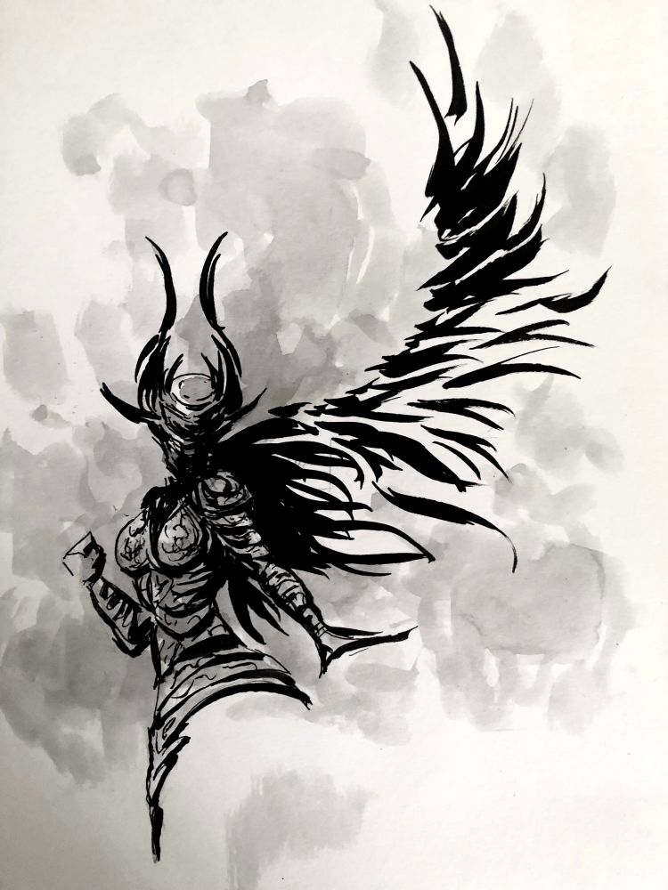 Ink portrait of a lady knight, horned helmet, right arm bent with clenched fist, left arm extended hand open, she is looking over left shoulder and has an large extended bird wing on that side, background is a smoky ink wash