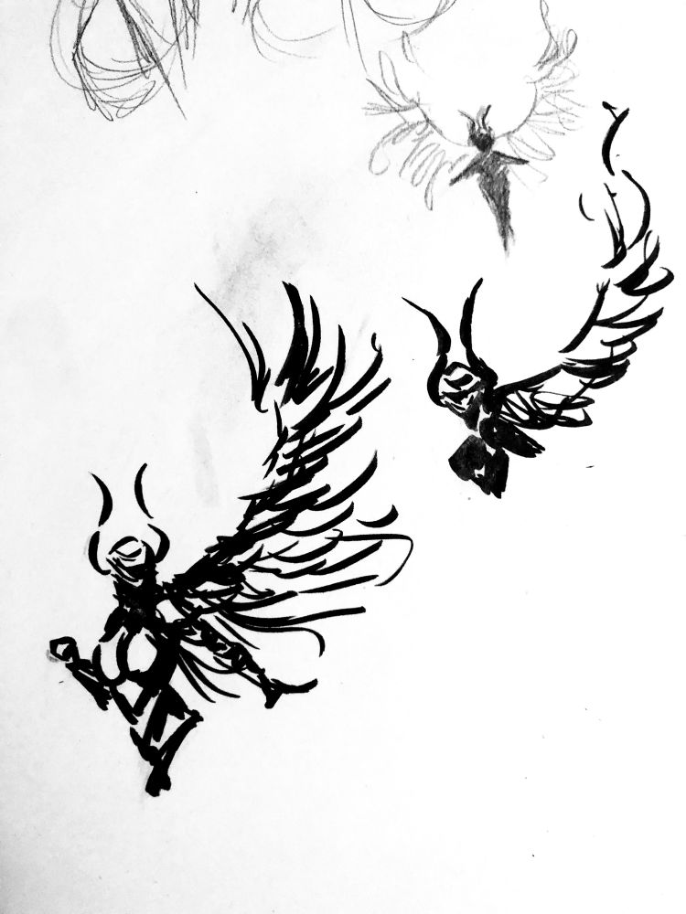 Sketchbook page of thumbnail sketches, bottom left is a knight wearing a horned helmet, left arm outstretched, right arm is bent with a clenched fist, there is one big wing unfolded on the knight’s left side. Upper right is just the torso of a horned knight with a wing, above that is a small sketch of a horned knight flying 