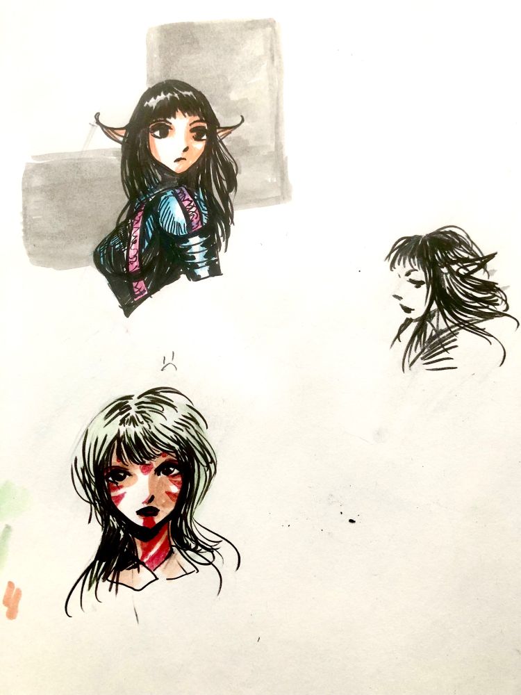 Sketchbook page with three portraits, top left portrait is of an elf woman wearing mostly black armor with blue highlights and a crappy ornamental strips in pink, center right portrait is of an elf woman in black in with flowing hair, bottom left portrait is of a woman with blue hair and red face paint 