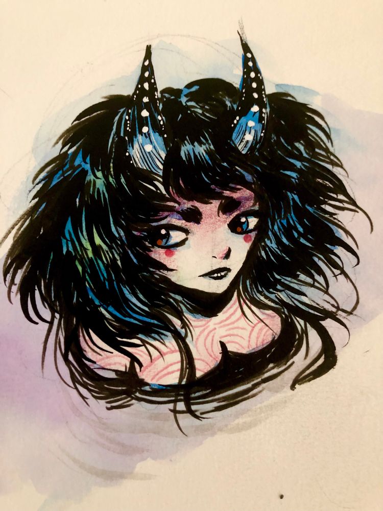 Dark blue haired woman in chest deep water, she has blue horns with white spots on them, a series of shape defining red lines on her shoulders and neck, she is looking left and has red dots under each eye