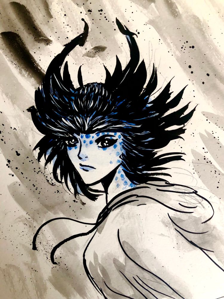 Ink portrait of a bird woman wearing a gray hoodie, her skin is light blue with dark blue spots around the forehead and neck, dark feathers instead of hair with white and blue highlights, gray brush strokes and ink splatter on the background 