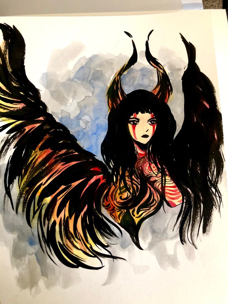 Portrait of a woman with horns and wings. Her right wing is outstretched, her left wing is furled at her back, she is wearing armor of red/orange with dark colored designs. Her face and left arm have red tattoos of mostly swooshes and lines