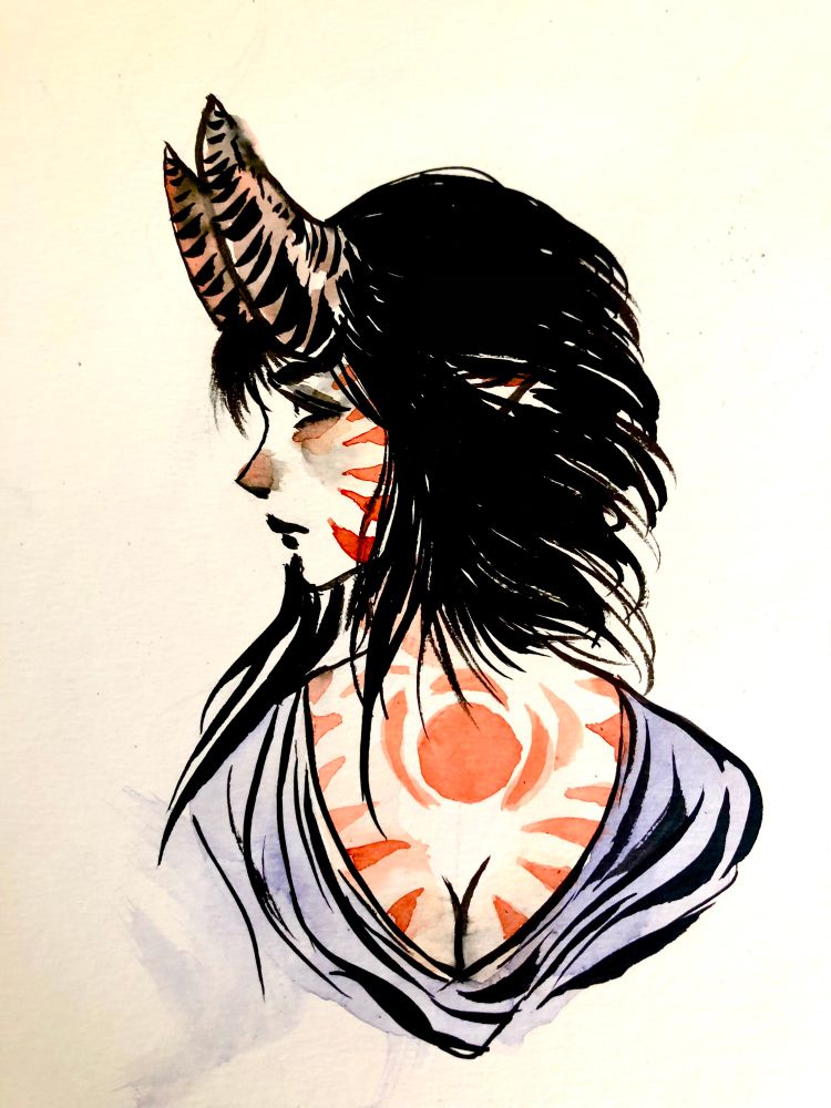 Portrait of a woman with horns looking over her right shoulder, she has triangle shaped orange tattoos around her face and chest. A large circle with swooshes in the middle of her upper chest. She is wearing a loose purple robe 
