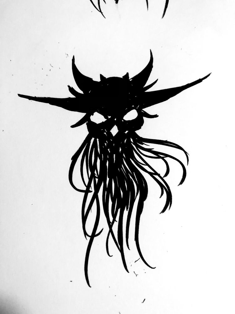 Ink sketch of a black skull five sets of horns and many tentacles streaming down from its mouth 