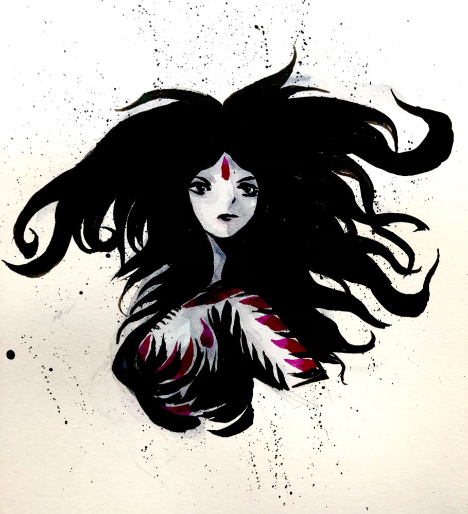 Woman with big hair, a red teardrop shape on her forehead, red and black leaf shaped armor bits of red and black, looks over her left shoulder 