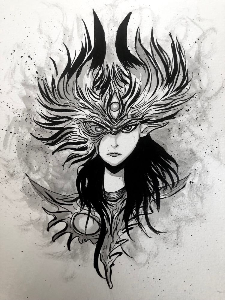 Long necked, long dark haired elf woman. She is wearing a horned helmet with a third eye, the helmet only covers her right eye, it has many feather like pieces on both sides and the top, the third eye and her right eye are grey with a white pupil, her armored collar is jagged and has a large oval on her right side, background is gray, surrounding her and is flame like, there is light ink splatter all around 