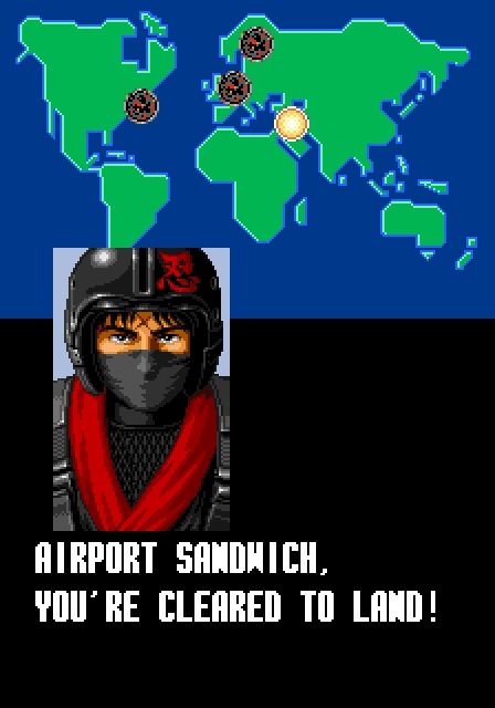 "Airport Sandwich" is my Top Gun name apparently, with the text of "You're cleared to land!" which isn't very exciting for fighter pilot chat but probably not best to tempt fate when I'm obviously about to board a plane. Image is an edit from the game 'Aero Fighters' made using @foone.bsky.social 's deathgenerator.com.
