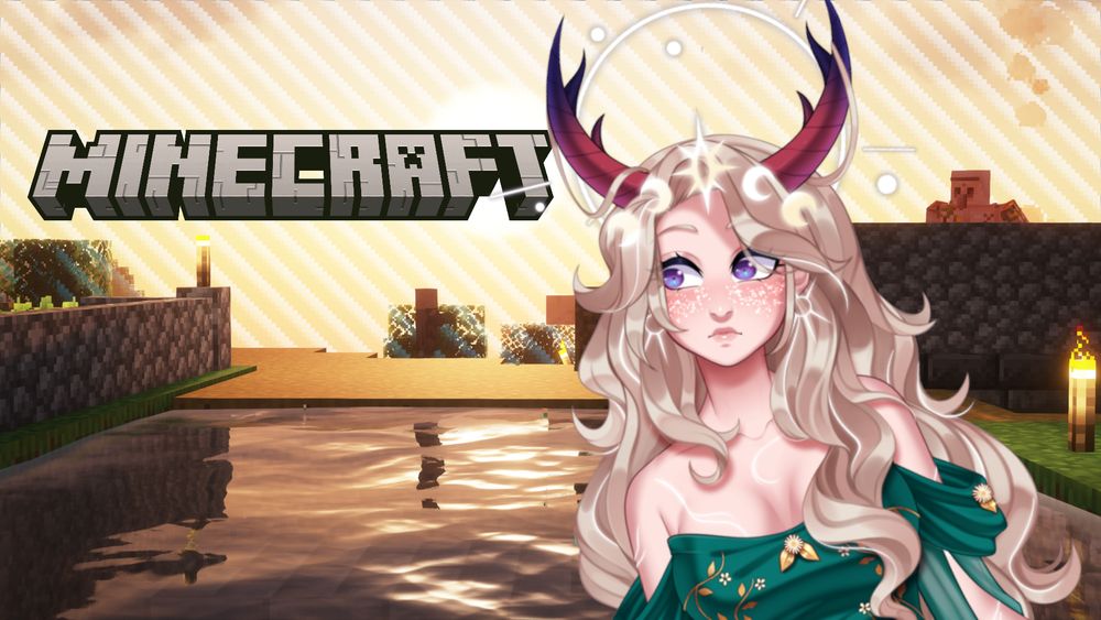 thumbnail showing a minecraft scene background of a villager and an iron farm, the minecraft logo, and my vtuber model looking at the villager with surprised look