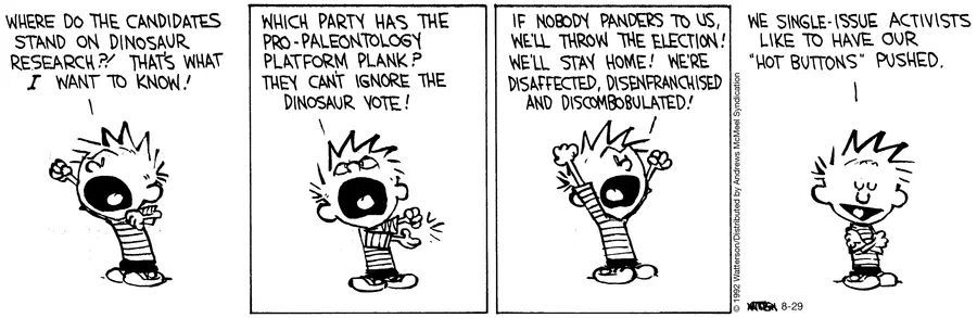 Calvin touting the dinosaur vote.
