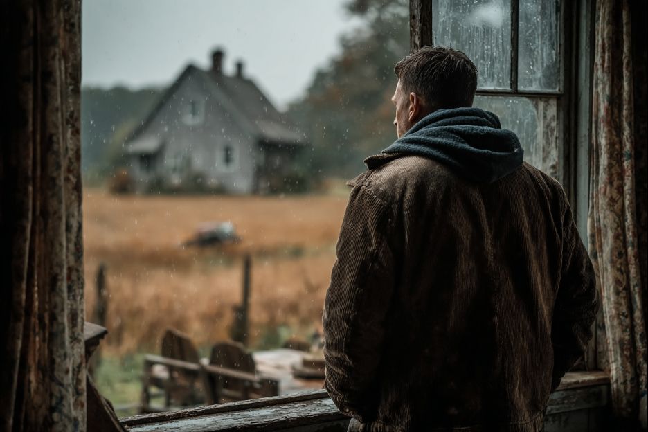 A man in a contemplative moment, watching out a window.