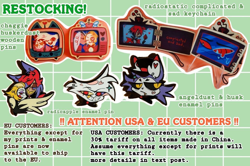 Restocking: chaggie & huskerdust wooden pins, radiostatic hinged keychain, radioapple enamel pin, angeldust husk enamel pins
