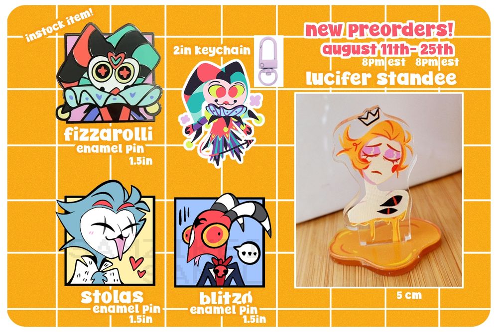 fizzarolli enamel pin and keychain, stolas enamel pin blitzo enamel pin, sad lucifer standee