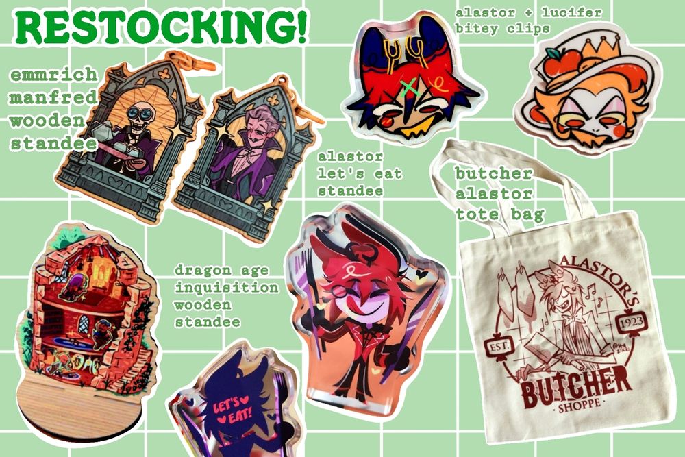 Restocking: dragon age emmrich keychain, dragon age inquisition wooden standee, alastor lucifer hazbin bitey clips, alastor tote bag, alastor acrylic standee