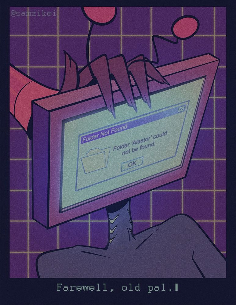Alastor is grasping the top of Vox's head. On Vox's screen, a retro window that says 'folder not found' and 'folder 'alastor' could not be found'.