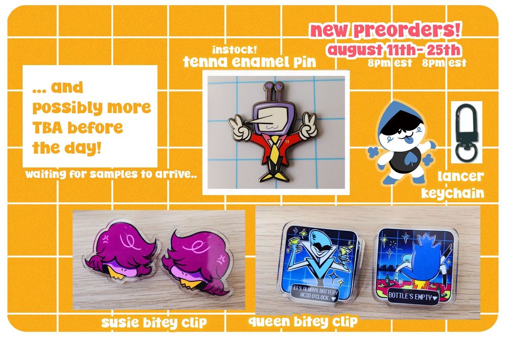 tenna enamel pin, susie bitey clip, queen bitey clip, lancer keychain