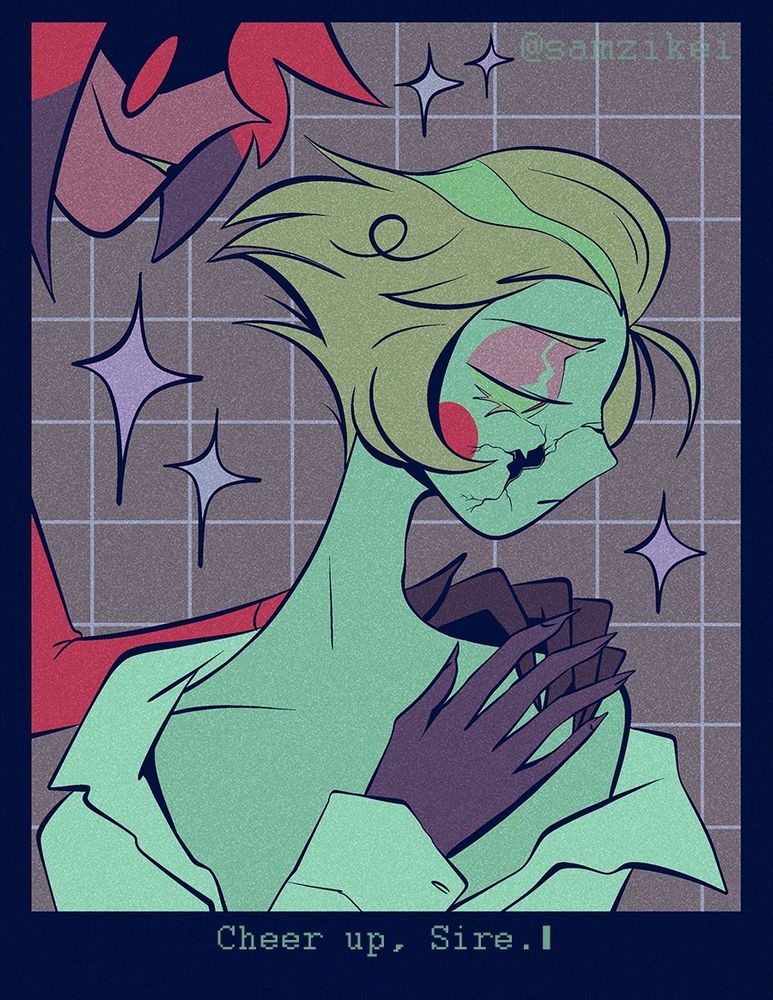 Lucifer, melancholic, looking off to the side. He's wearing a white dress shirt that's loosely on him, and his skin, like porcelain, is cracking and broken on his cheek. Alastor, looming over him, has a comforting? hand on Lucifer's shoulder. Luci has one hand up to gently cover Alastor's fingers there.