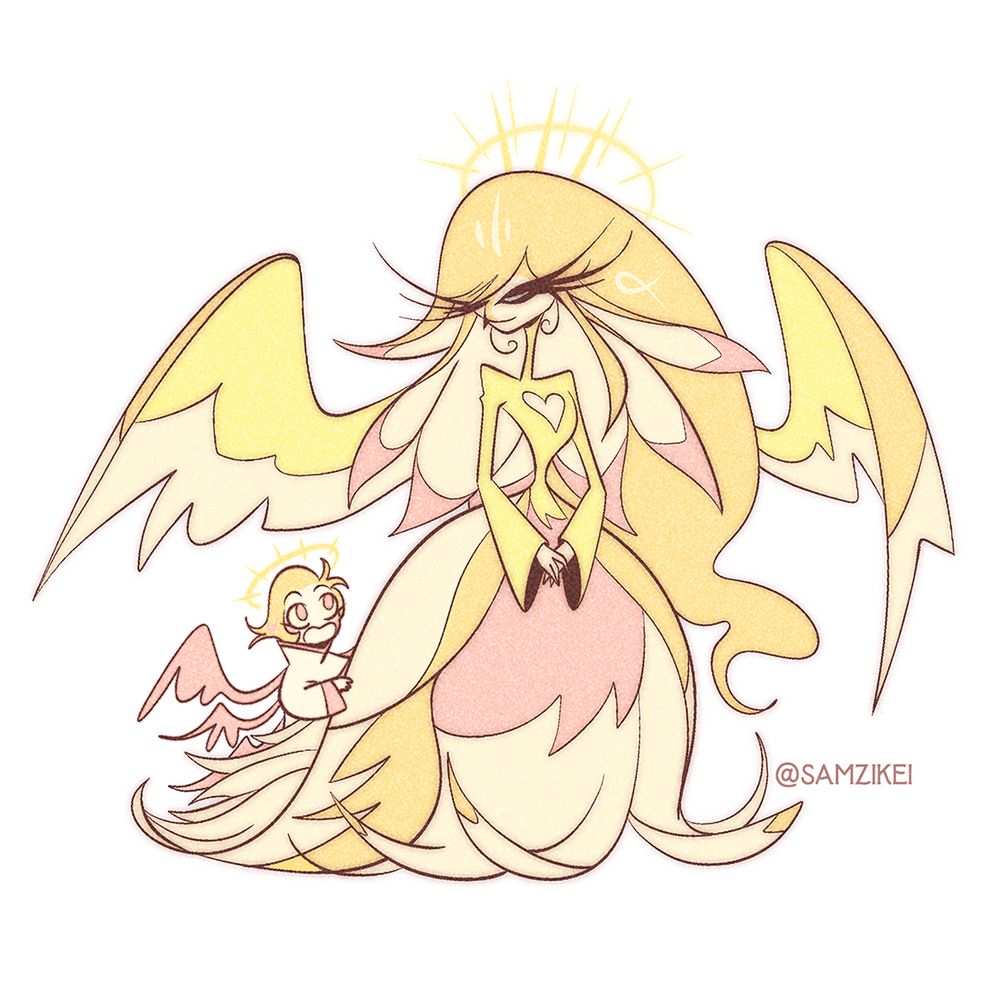 speaker of god looking serene, she is looking down at young lucifer from before the fall, who is happily looking up at her, clutching on to her dress