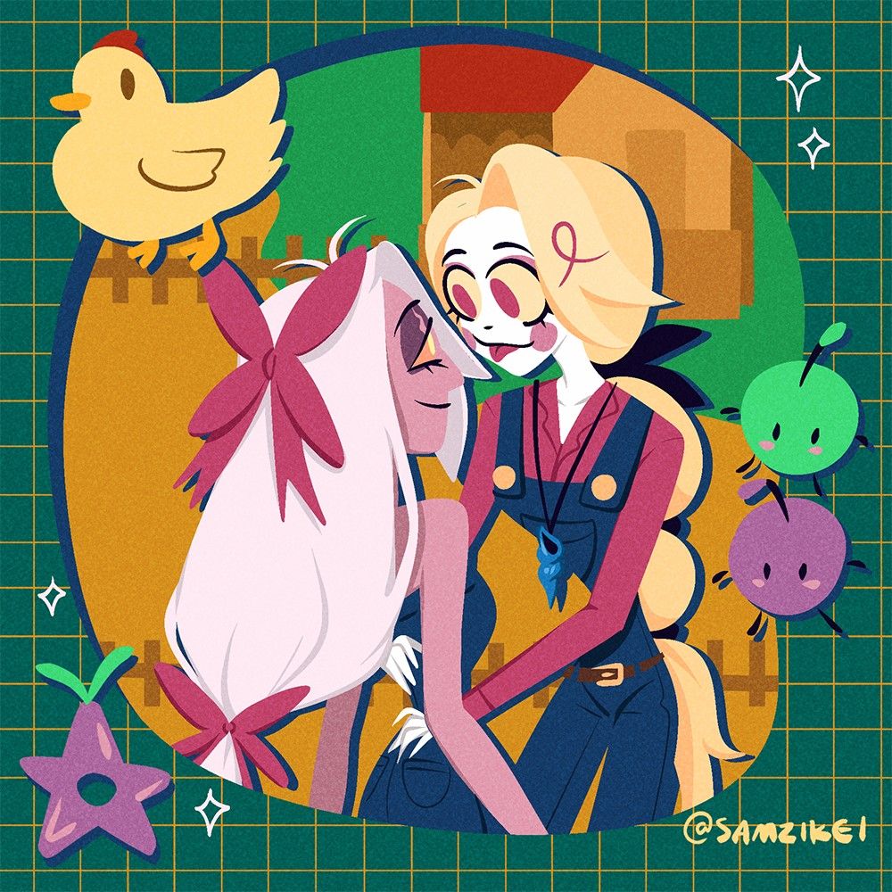 stardew farm background with chaggie in front, embracing but also being cheeky