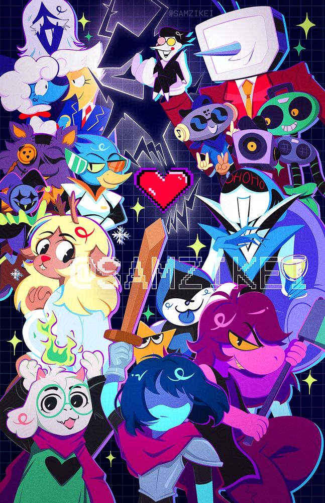poster of a bunch of characters surrounding the soul heart. characters include kris, susie, ralsei, starwalker, noelle, lancer, queen, cap'n sweet cakes, berdly, seam, jevil, tenna, spamton, knight, roulxs, elnina + lanino
