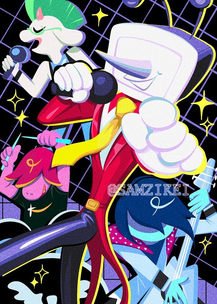 Tenna in the middle, mic in hand and pointing at the viewer, smiling. off to the sides rasiel is singing, susie is playing the drums, and kris is playing the electric guitar. deltarune.