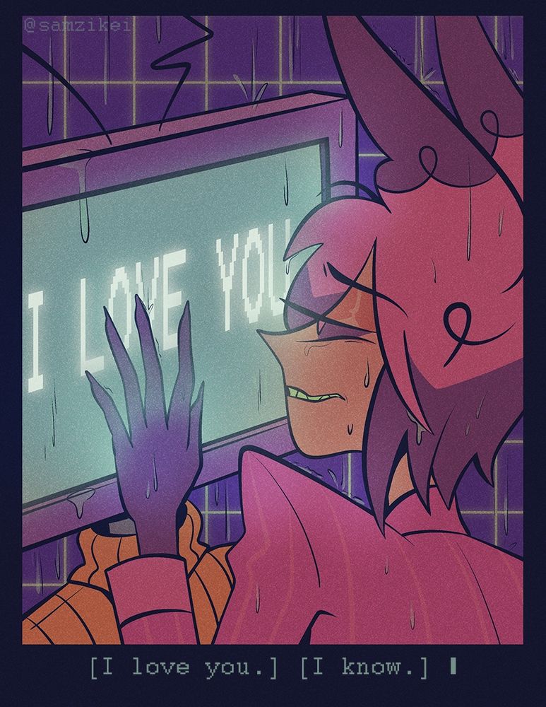 alastor and vox in the rain. lofi vaporwave vibes. vox is in his retro turtleneck and his monitor says I love you. Alastor's fingers are gently on his screen, and alastor is leaning close in, a complicated expression on his face. text says i love you  and i know