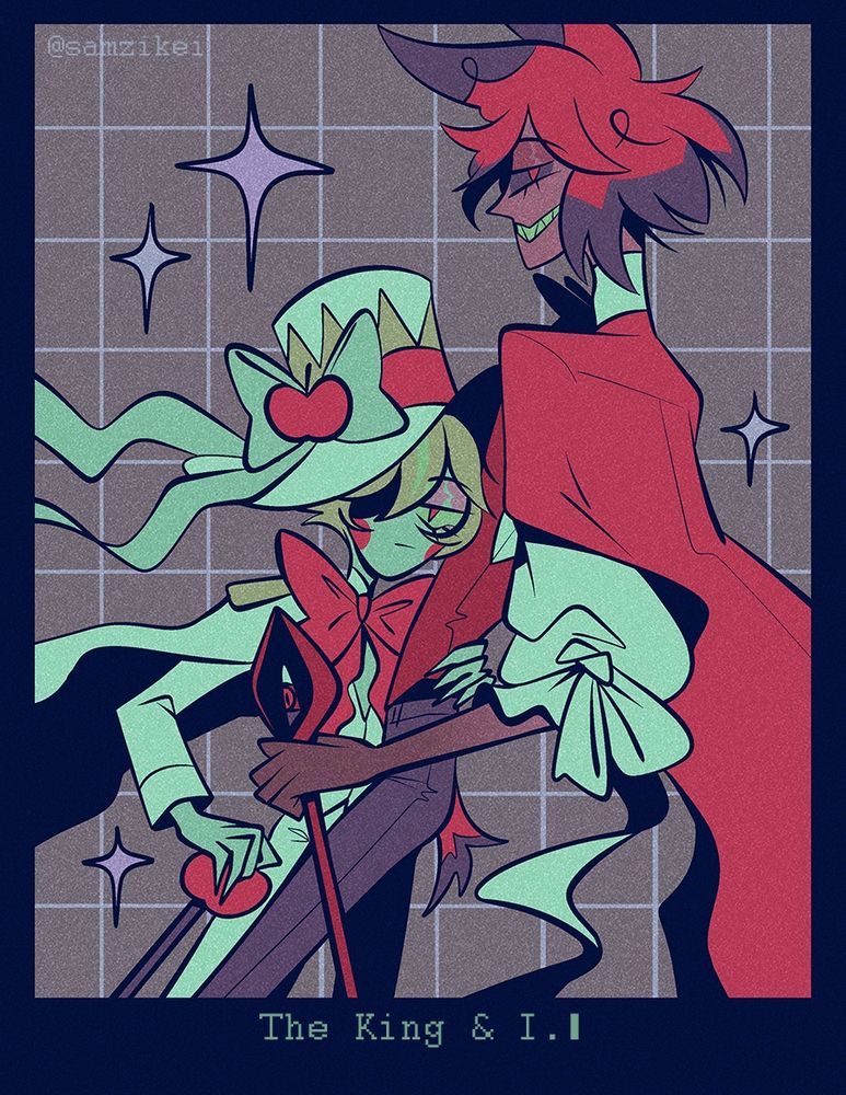 Lucifer and Alastor stand together, dressed in outfits similar to their usual but more ouji/dramatic than usual. Lucifer has a stoney expression, one hand around Alastor's waist