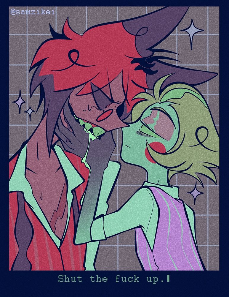 Alastor and Lucifer inches from each other, mid argument. Lucifer has his hand over and in Alastor's mouth, Alastor's teeth buried into his hands and drawing angelic blood. Lucifer watches him, with dead eyes and a serious expression. 