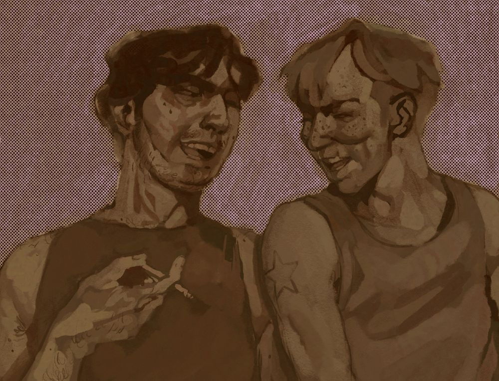un croquis numérique représentants deux hommes côte à côte riant ensemble. l'un deux fume une cigarette.