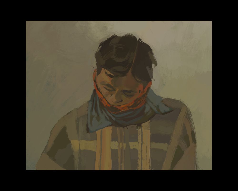 un dessin d'un personnage dans les tons grisés qui baisse la tête.