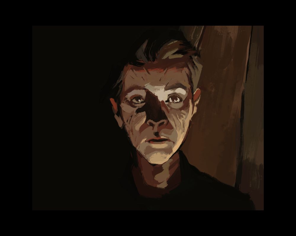 un portrait illuminé par le bas, le personnage regarde droit vers la caméra.