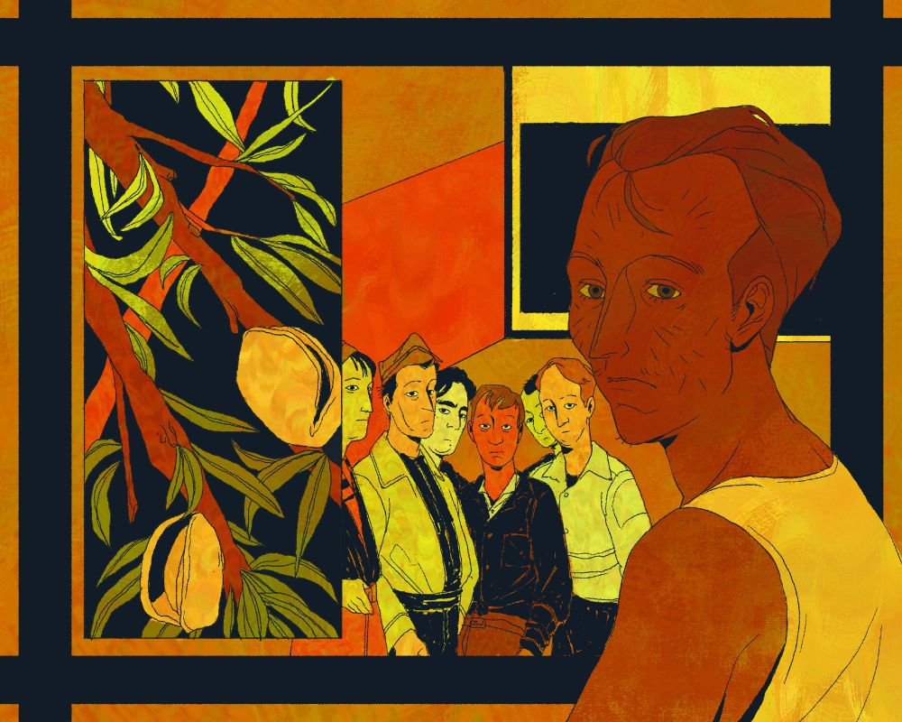 une illustration numérique représentant au premier plan un homme avec les cheveux courts peignés vers l'arrière, et à l'arrière plan un groupe d'hommes. dans un encadré sont représentées des branches d'amandier.