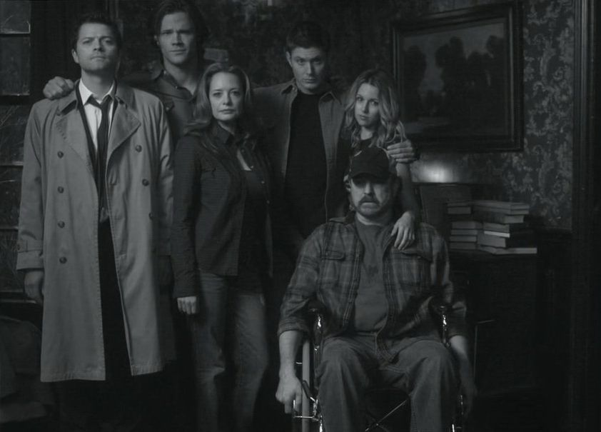 Winchester "Family" photo. Left to Right - Castiel, Sammy, Ellen, Dean, Jo, Bobby (seated). 