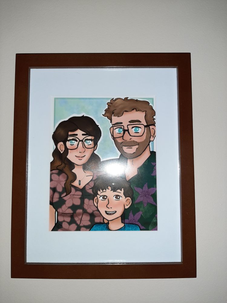 A digital drawing of my partner, our son, and myself, made by my partner. 