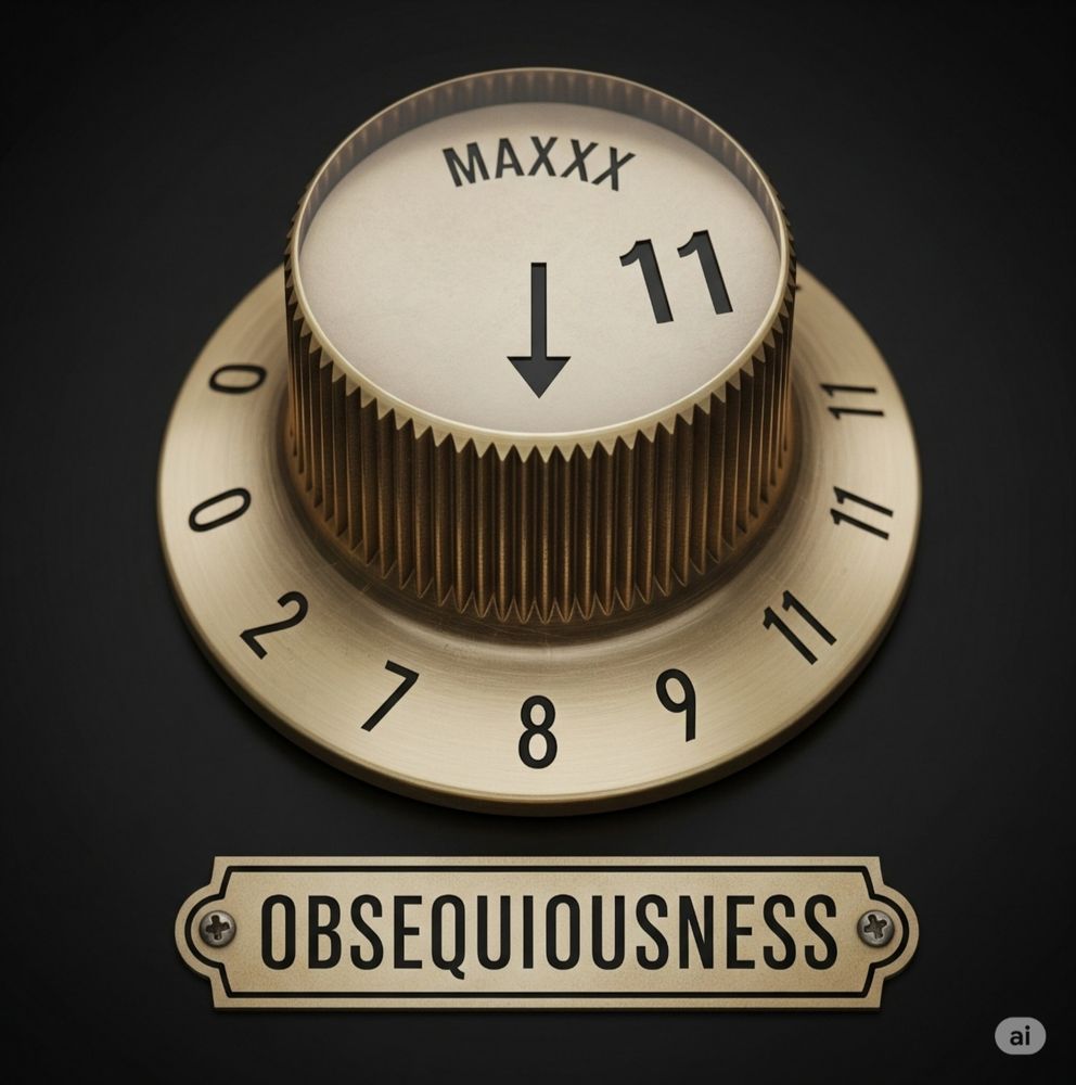 An image of a volume style knob with numbered settings from 0 to 11. The knob should have an arrow pointing to the 11 setting. Below the knob is a label that says "OBSEQUIOUSNESS"