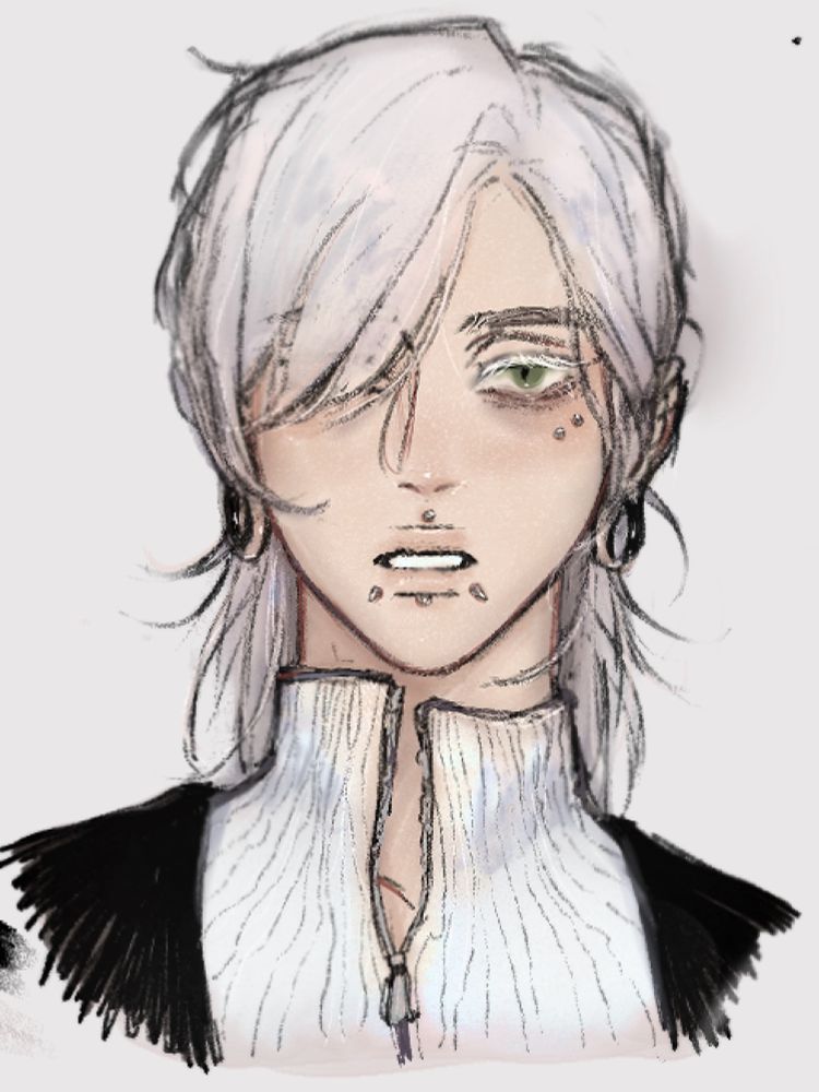 bust portrait of a goth person with an unamused expression and various facial piercings. they have white hair, brows, and eyes
