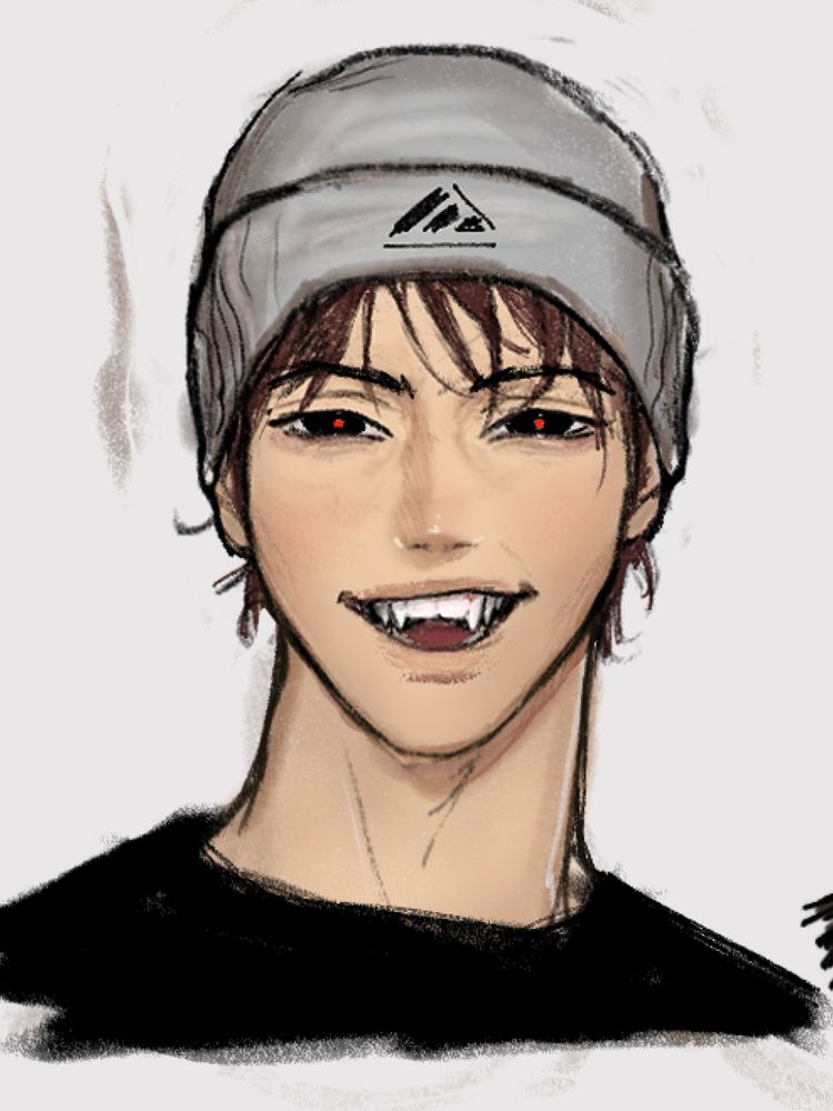 Portrait bust of a young male vampire in a grey beanie and a smug smirk showing off his fangs. his irises are pitch black with small, bright red pupils
