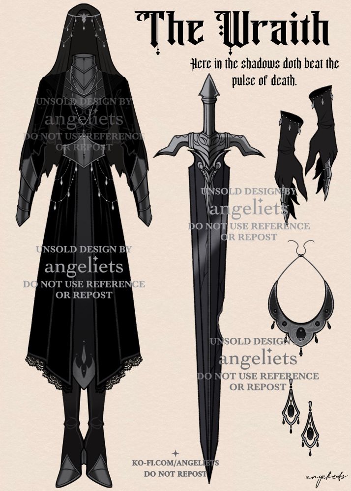 Drawing of a gothic armored outfit. A great sword, gloves, necklace, and earrings accompany it. 

Text on the image reads:
The Wraith
Here in the shadows doth beat the pulse of death.