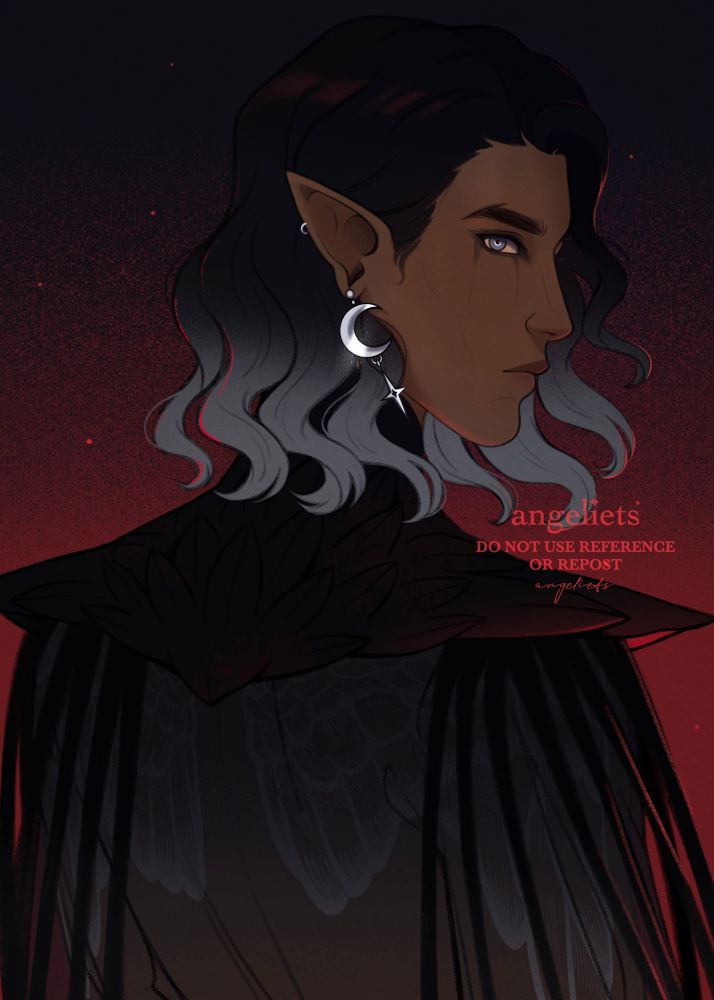 Drawing of my original character, a young elven man with brown skin and black hair that fades to silver towards the ends. He is glancing over his shoulder at the viewer while framed against a dark background, which is lit from below with a harsh red glow. The raven wing tattoo on his back is inverted in color, and a white limbal ring surrounds the pupil of his silver eye.