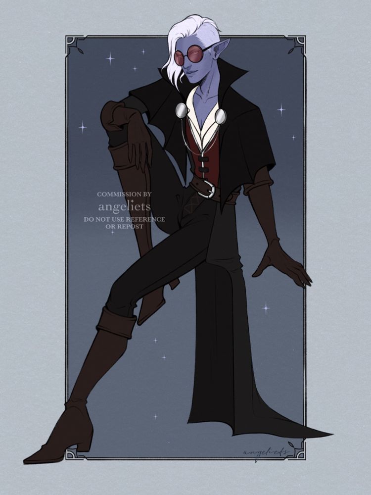 Original artwork of a drow male character with purple skin and white hair in a reclined, seated position.