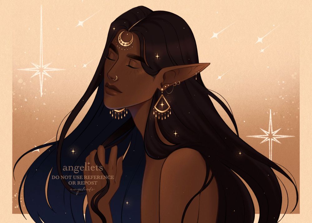 Original artwork of an elven male character with warm, deep brown skin, long flowing brown hair, and gold jewelry. White starlight rains down behind him.