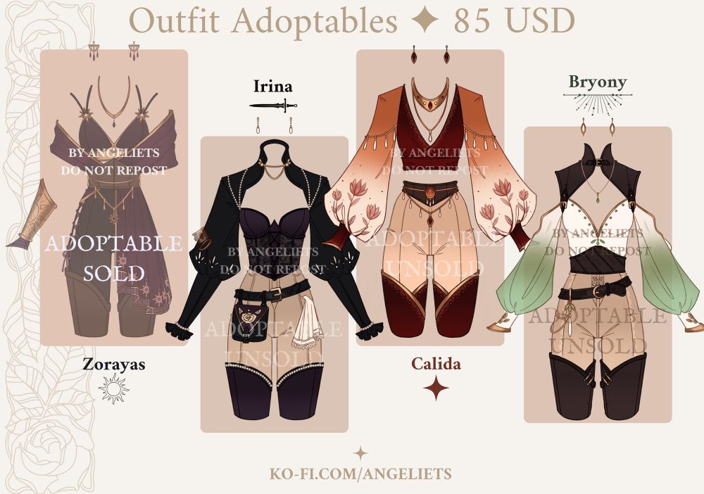 An assortment of outfit designs in various colors 