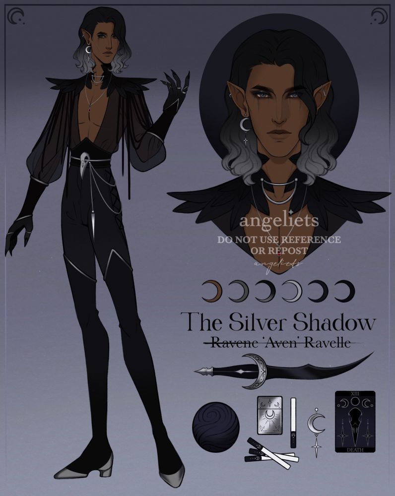 Reference of my original elven male character with warm, dark brown skin and black, shoulder length hair with a silver gradient beginning at the ends. A portrait of his face accompanies a small inventory & color palette for his overall design. The entire piece features black and silver colors, with raven motifs throughout his design.