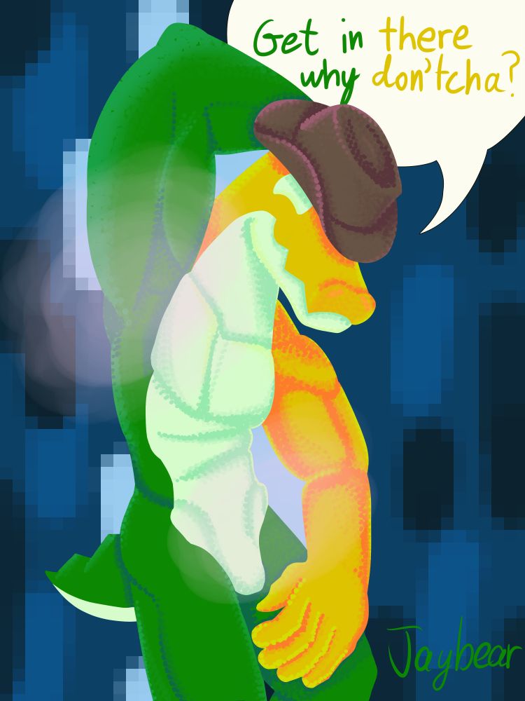 Gummigoo saying, "Get in there why don'tcha." He has his right arm raised with a musk cloud and is pointing it at the viewer. 