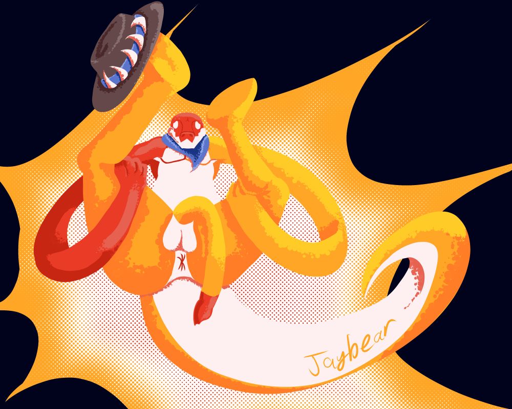 Chad from The Amazing Digital Circus in a sexual pose. He is on his back with his ass facing towards the camera. He is restraining his legs up in the air with his arms and his hat is on his right foot. The background is a bam effect.